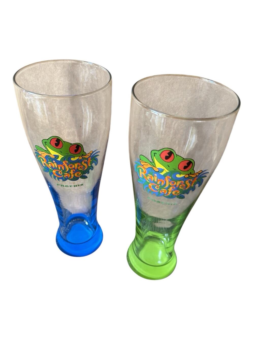 Rainforest Cafe Phoenix‎ AZ Souvenir Pilsner Glasses Lot 2 Frog Blue Green VTG